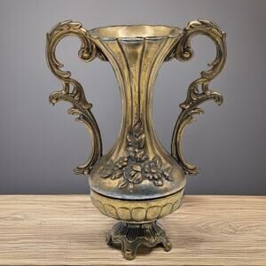 Vintage Italian Metal Bud Vase Gold Tone Ornate Floral Relief Scrolled Handles